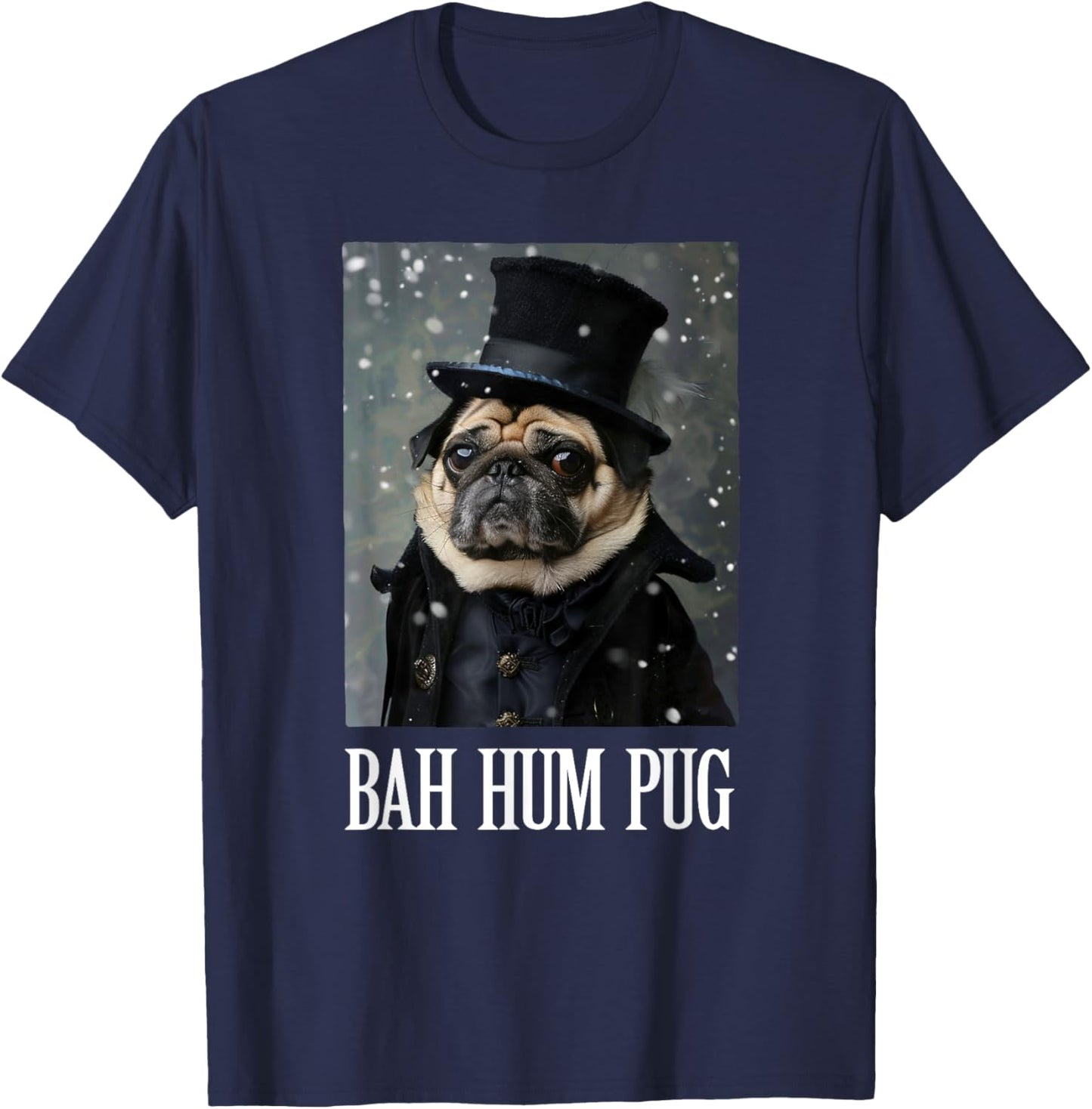 Funny Dog Bah Hum Pug Christmas Pet Holiday Photo Humbug Bug Women Girls Kids T-Shirt - T-Shirt | Navy