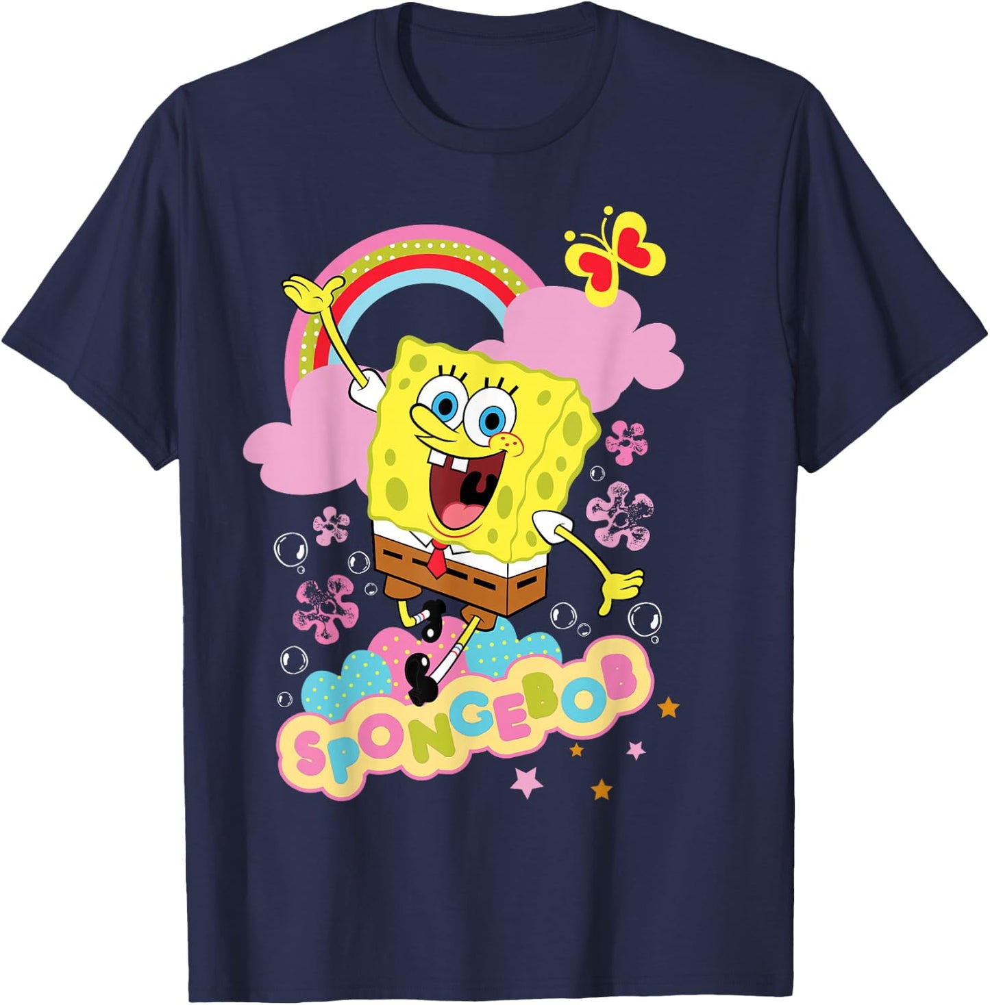 Spongebob Squarepants Flowers and Rainbow T-Shirt - T-Shirt | Navy