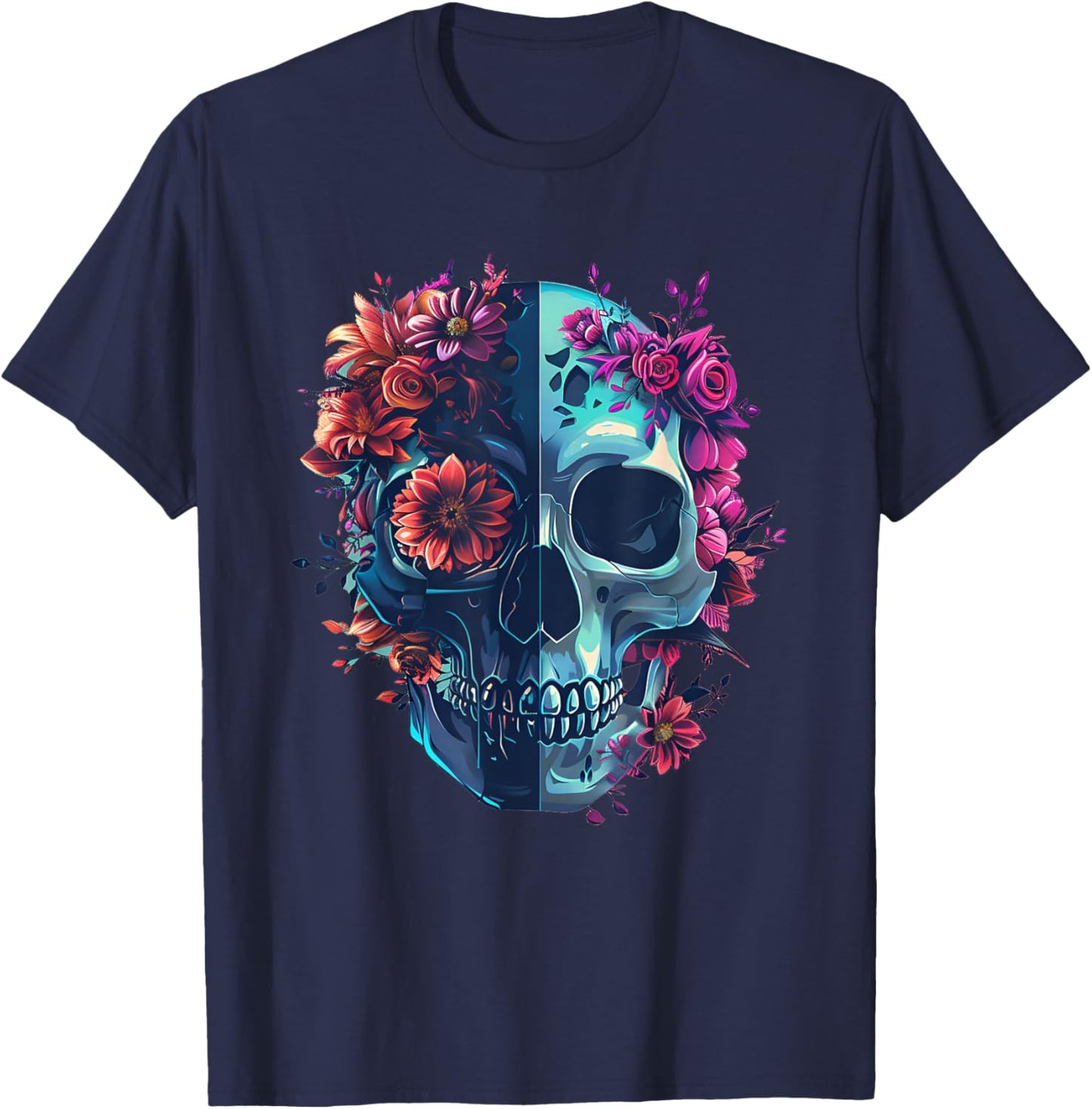 Rock Music Style Florish With Skull T-Shirt - T-Shirt | Navy