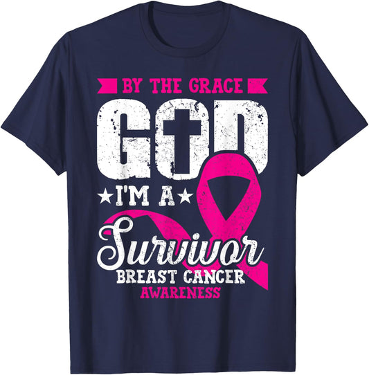 Breast Cancer Survivor By The Grace God I'm A Survivor T-Shirt - T-Shirt | Navy