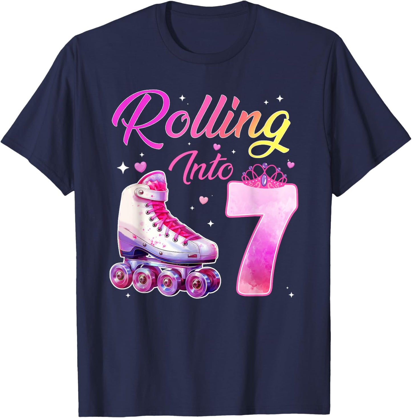 Rolling Into 7 Girl 7th Birthday Roller Skating T-Shirt - T-Shirt | Navy