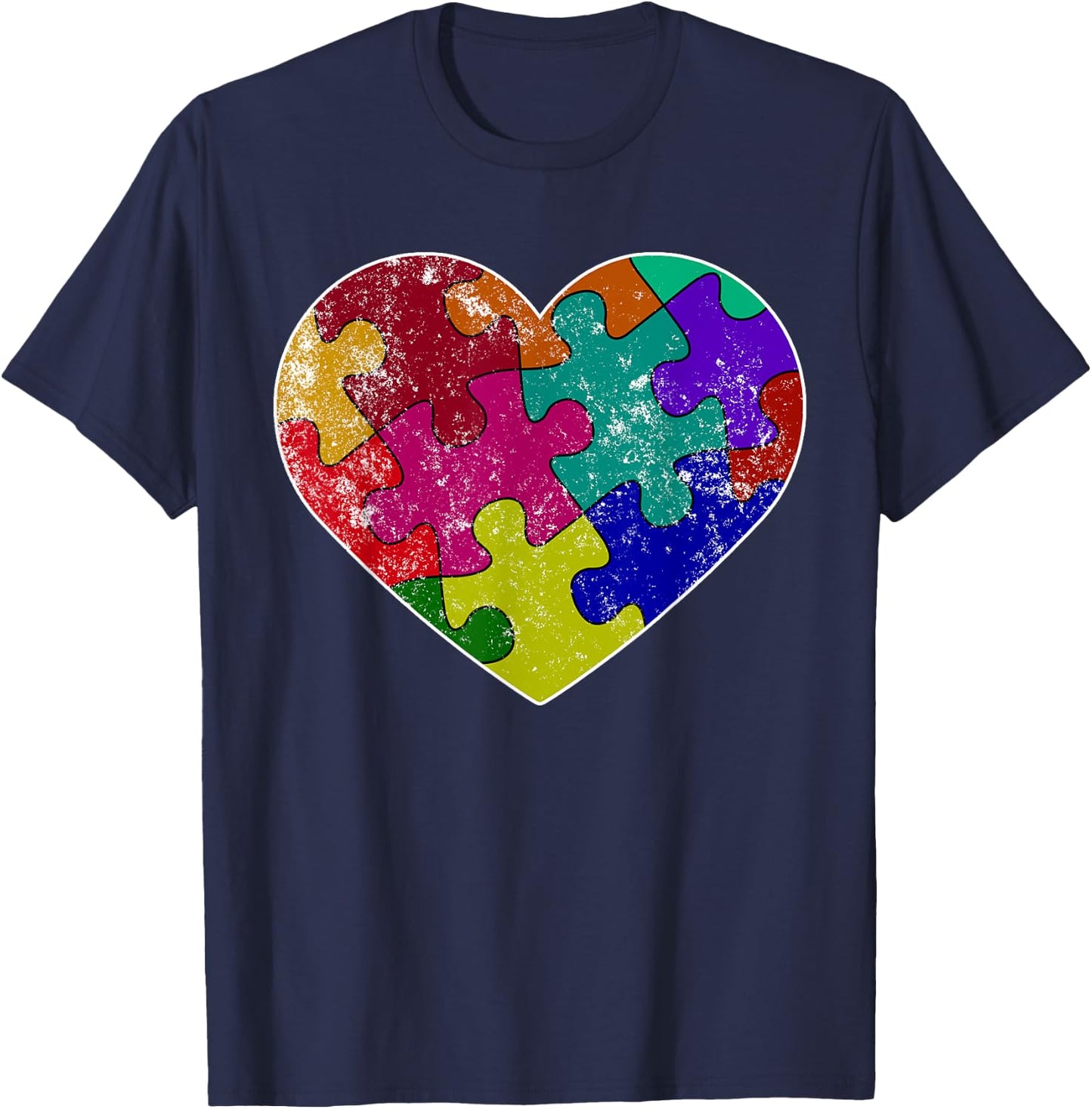 Heart Autism Puzzle Piece Shirt - Autism Vintage Print T-Shirt - T-Shirt | Navy