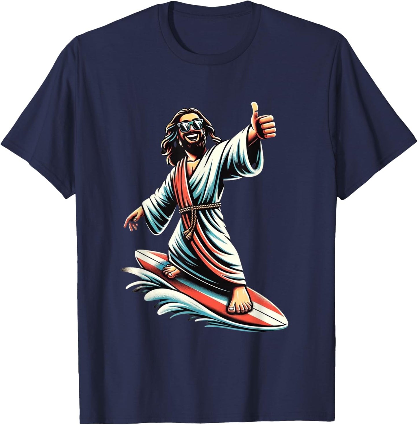 Jesus Surfing on Water, Thumbs-up Fun Christian Design T-Shirt - T-Shirt | Navy