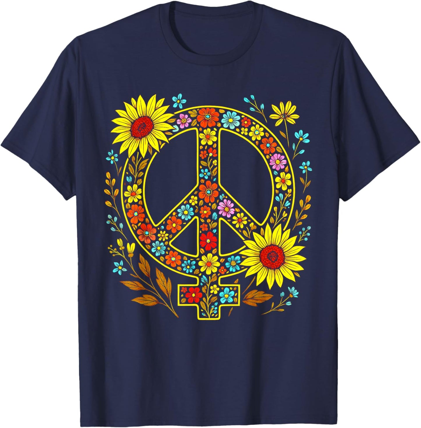 Feminist Peace Symbol Vintage Floral Hippie Women Sunflower T-Shirt - T-Shirt | Navy