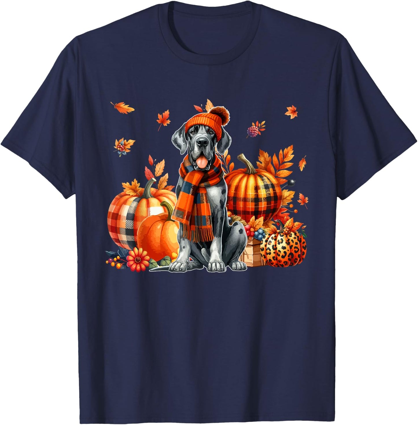 Great Dane Thanksgiving Leopard Pumpkins Fall Leaves Lover T-Shirt - T-Shirt | Navy