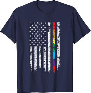 Gay Pride Thin Rainbow Line American Flag T-Shirt - T-Shirt | Navy