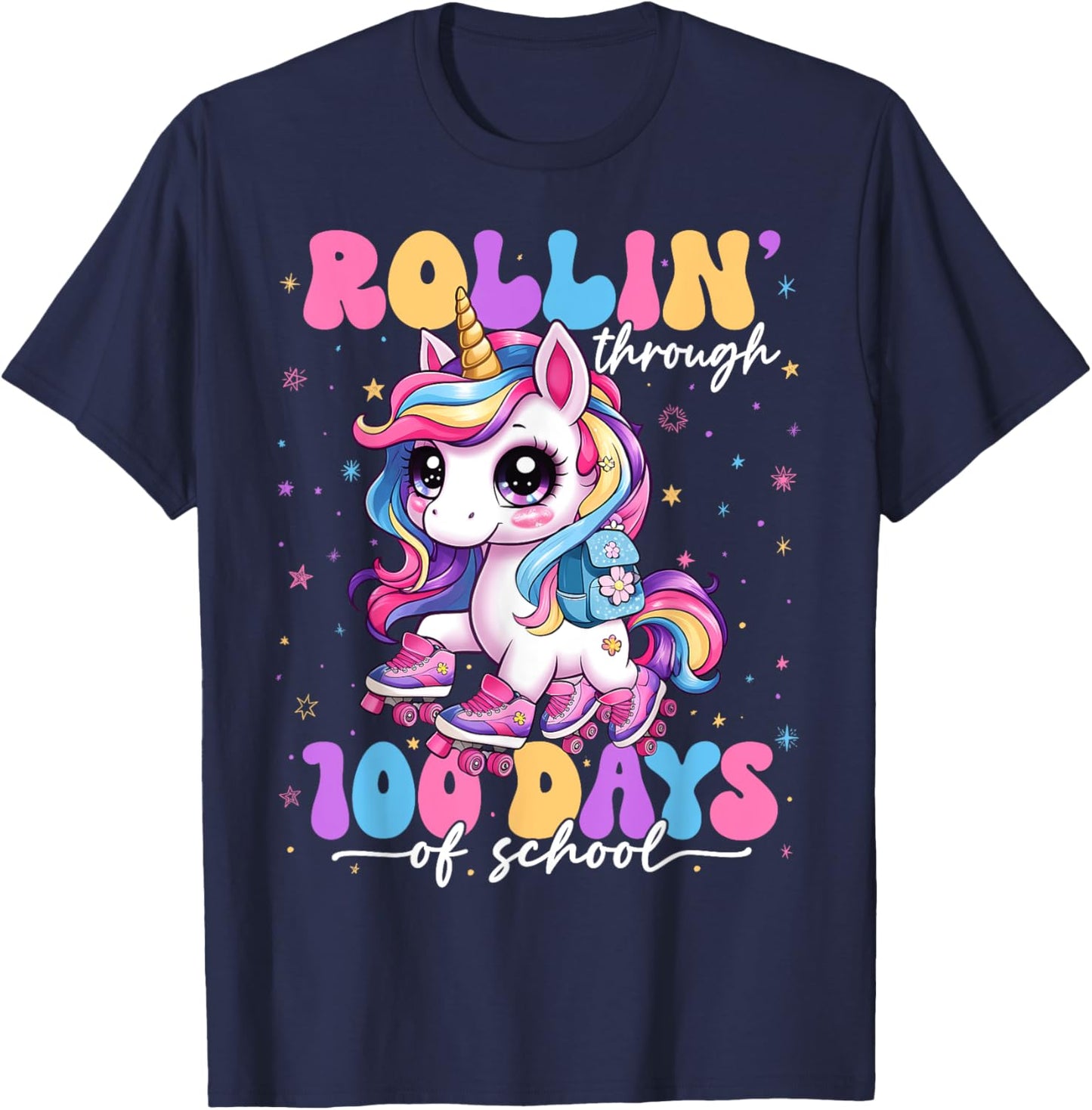 Rollin' Through 100 Days Of School 100th Day Unicorn Teacher T-Shirt - T-Shirt | Navy