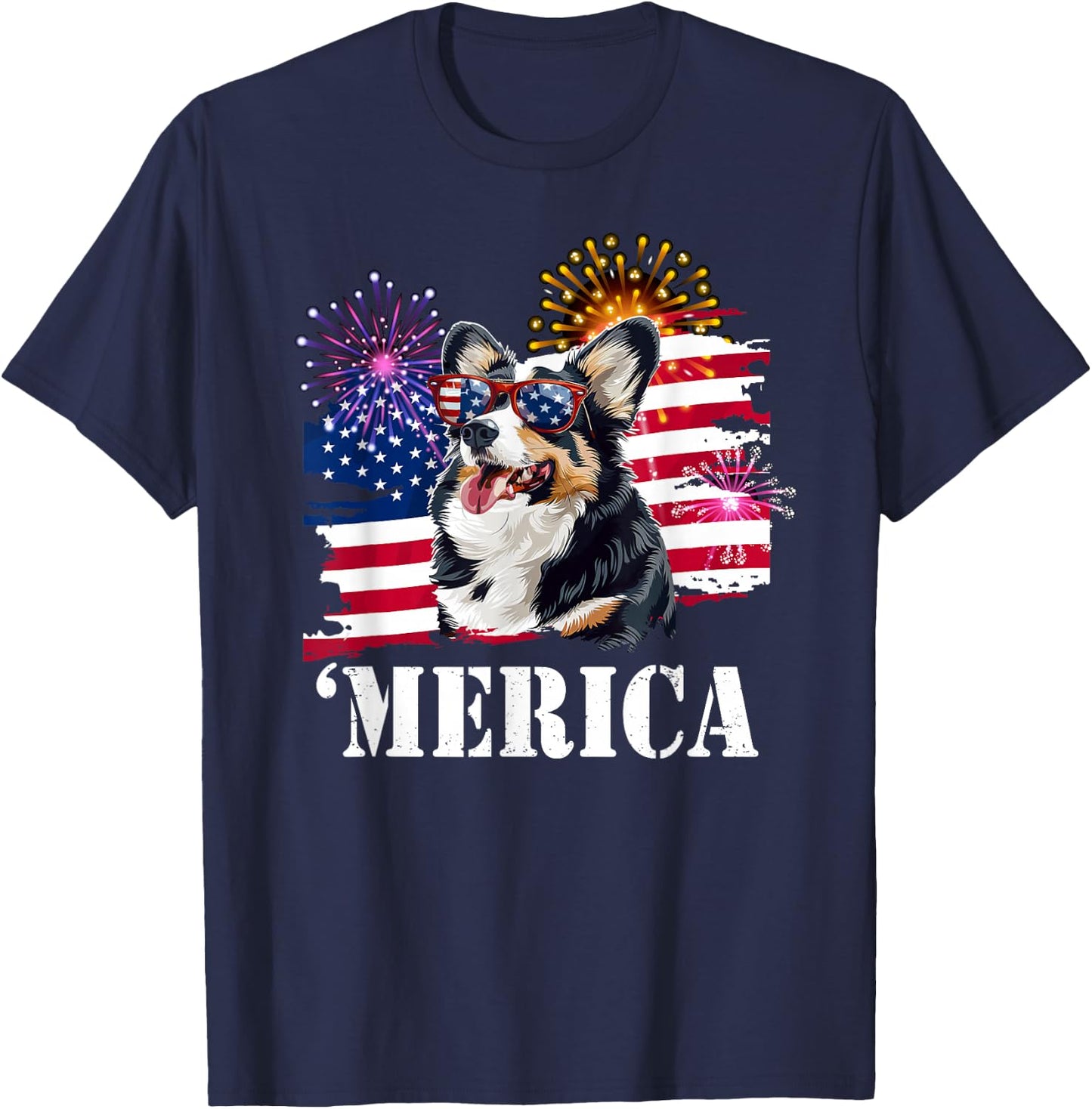Funny USA Flag 4th 'Merica Black Tricolor Corgi Lover T-Shirt - T-Shirt | Navy
