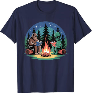 Alien Camping Bigfoot Campfire Reading Peaceful Forest T-Shirt - T-Shirt | Navy