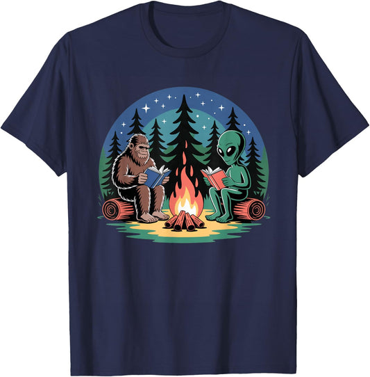 Alien Camping Bigfoot Campfire Reading Peaceful Forest T-Shirt - T-Shirt | Navy