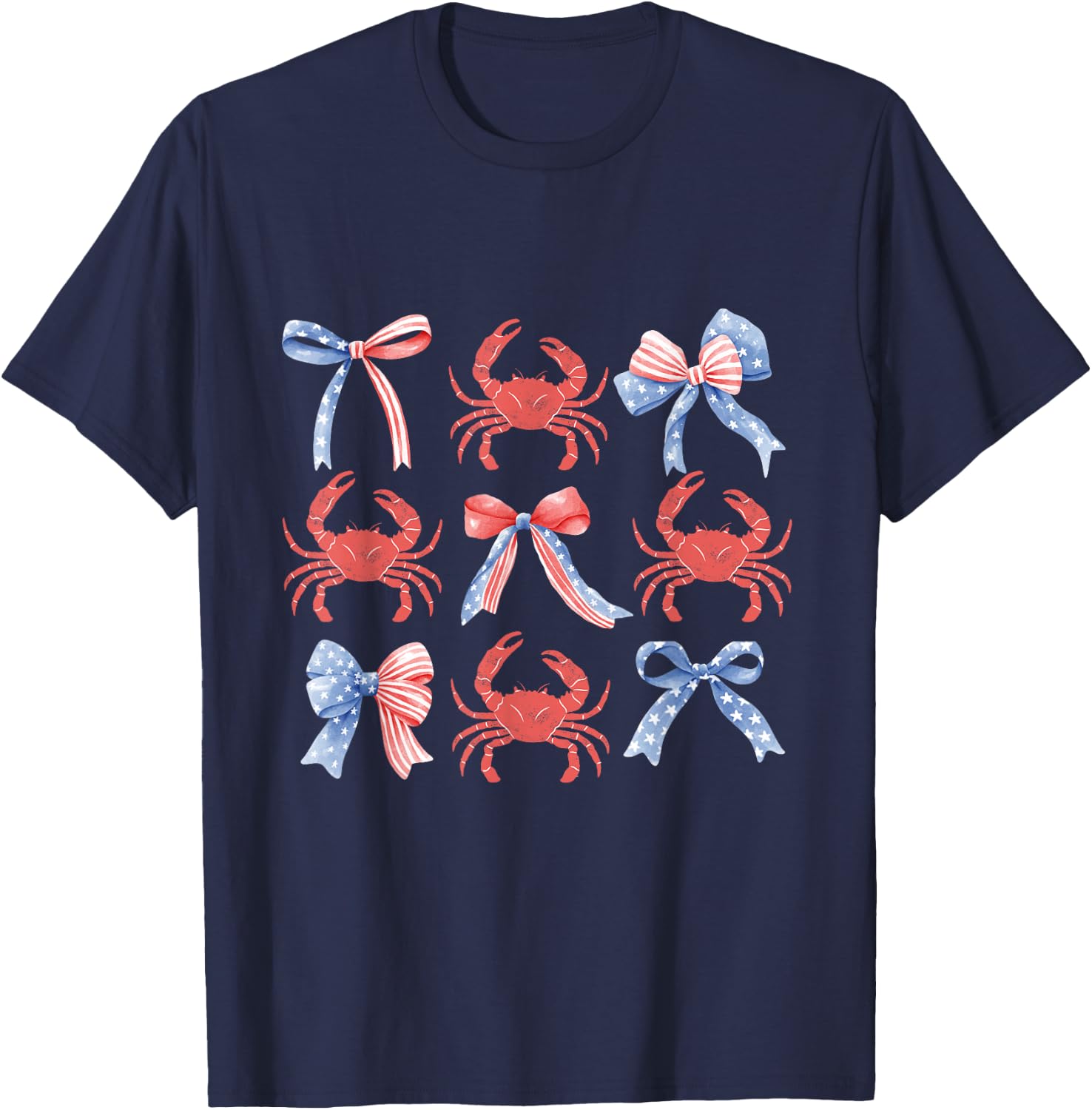 Pink Bows Cute Coquette Crab y2k Girl Aesthetic USA coastal T-Shirt - T-Shirt | Navy