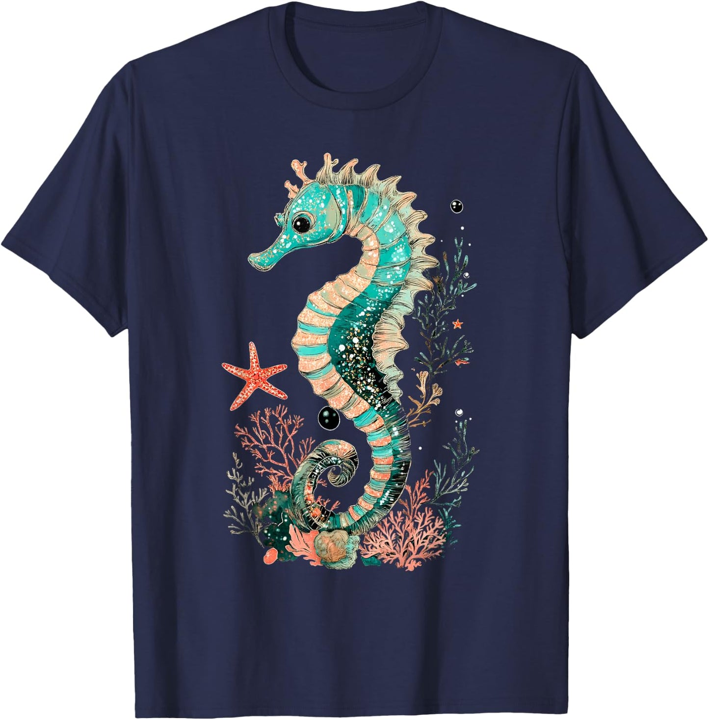 Seahorse Coral Starfish Nautical Art T-Shirt - T-Shirt | Navy
