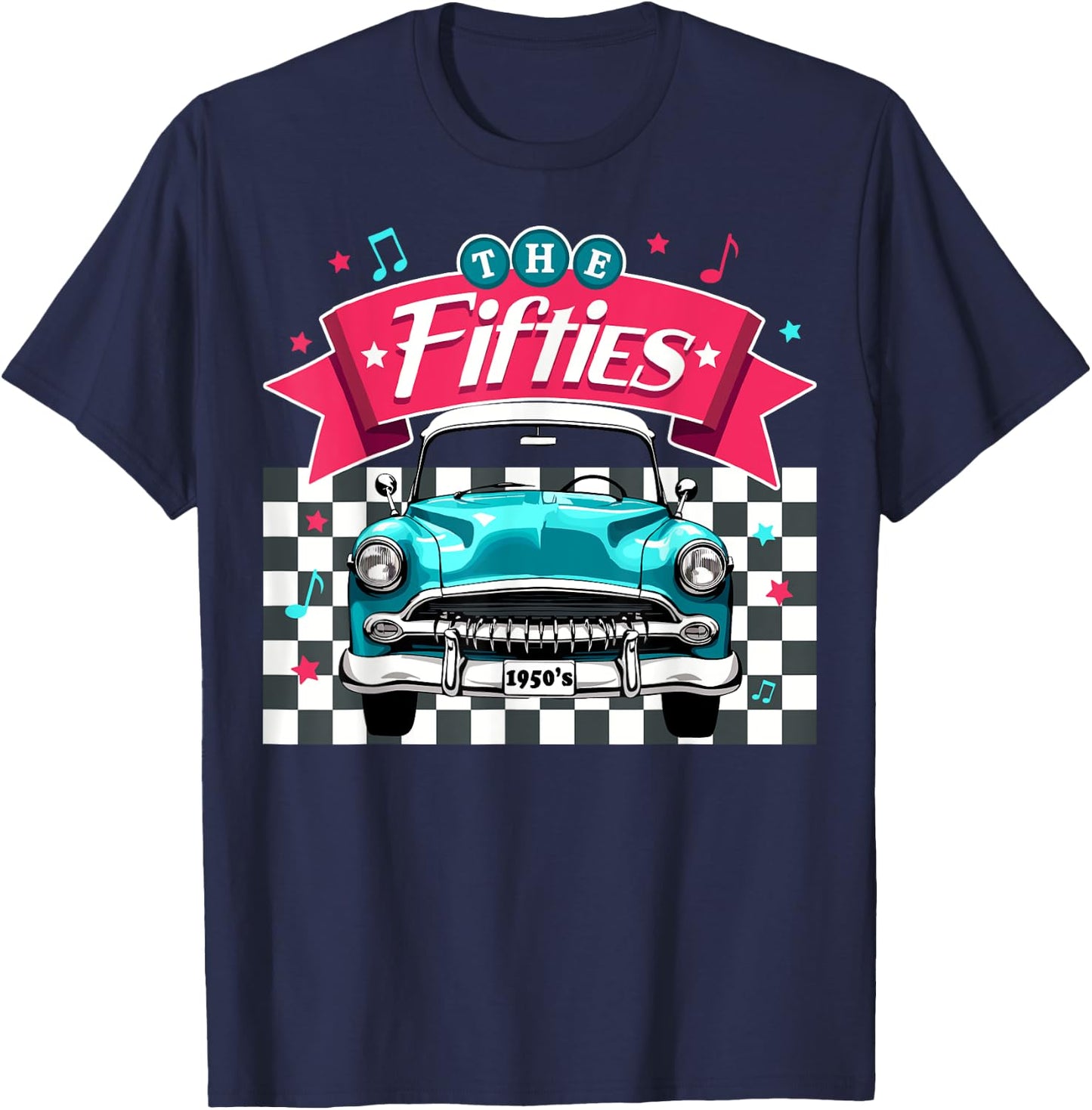 The Fifties 1950s Car Music Checkerboard Rockabilly Sock Hop T-Shirt - T-Shirt | Navy