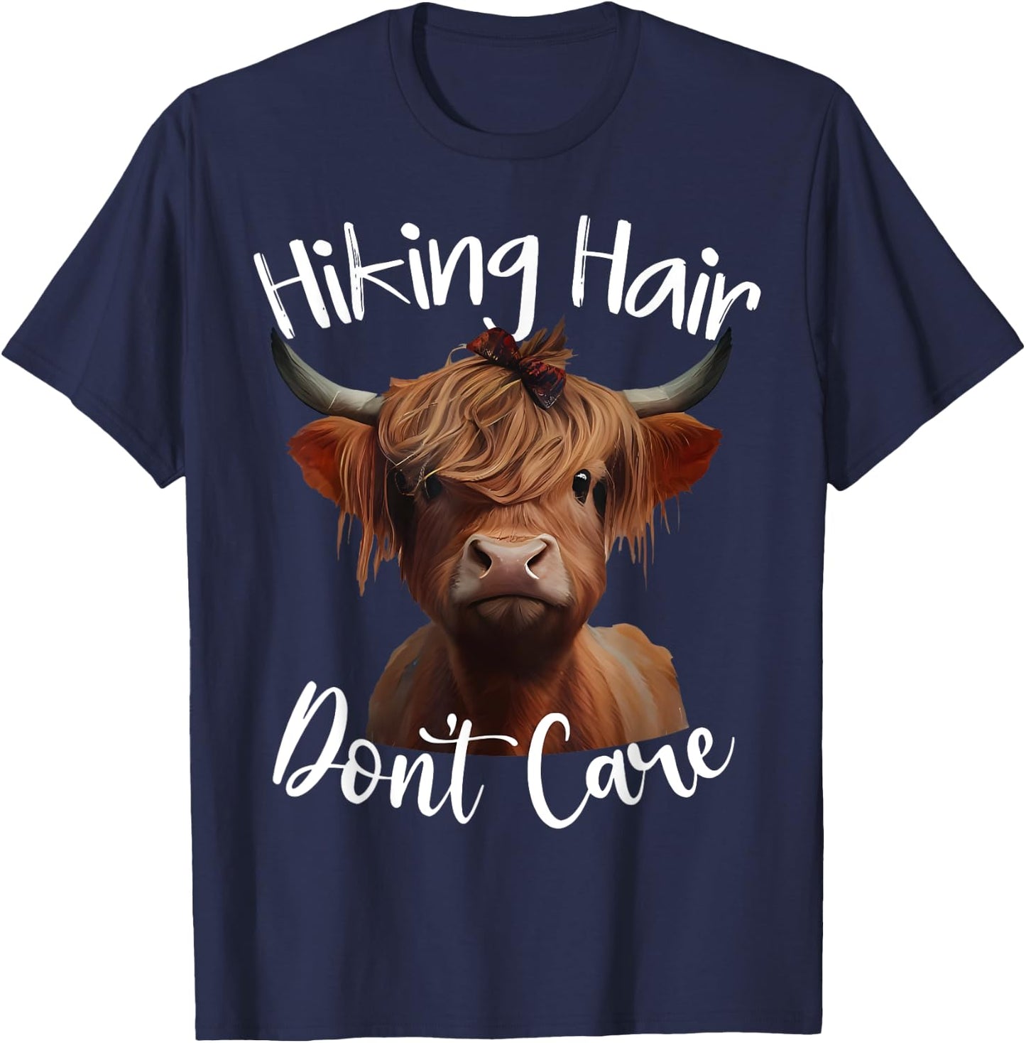 Funny Camping Highland Cow Hiking Hair Don't Care T-Shirt - T-Shirt | Navy