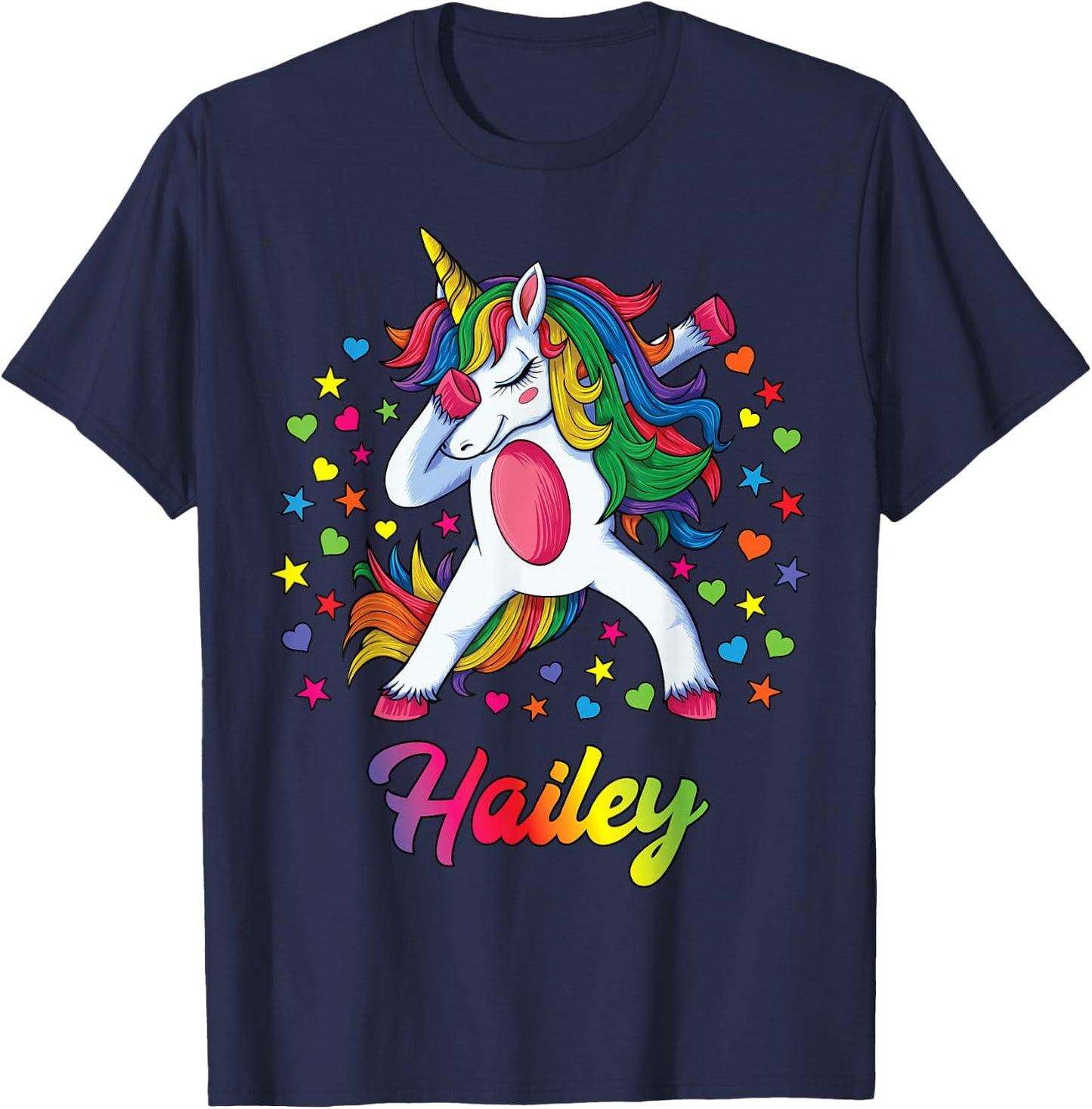 Hailey Dabbing Unicorn Rainbow Personalized Name Custom T-Shirt - T-Shirt | Navy