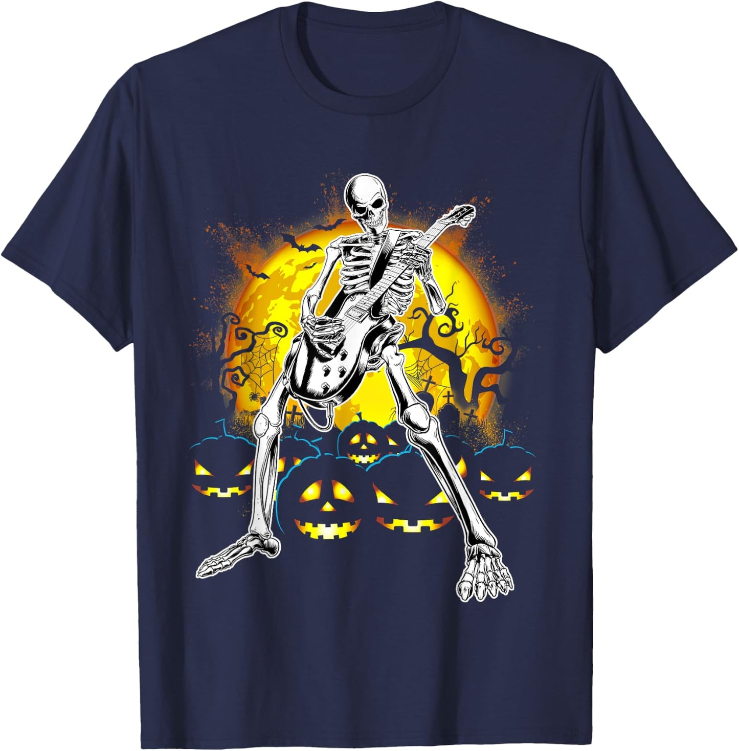 Happy Halloween Funny Skeleton Playing Guitar Pumpkin Vibes T-Shirt - T-Shirt | Navy