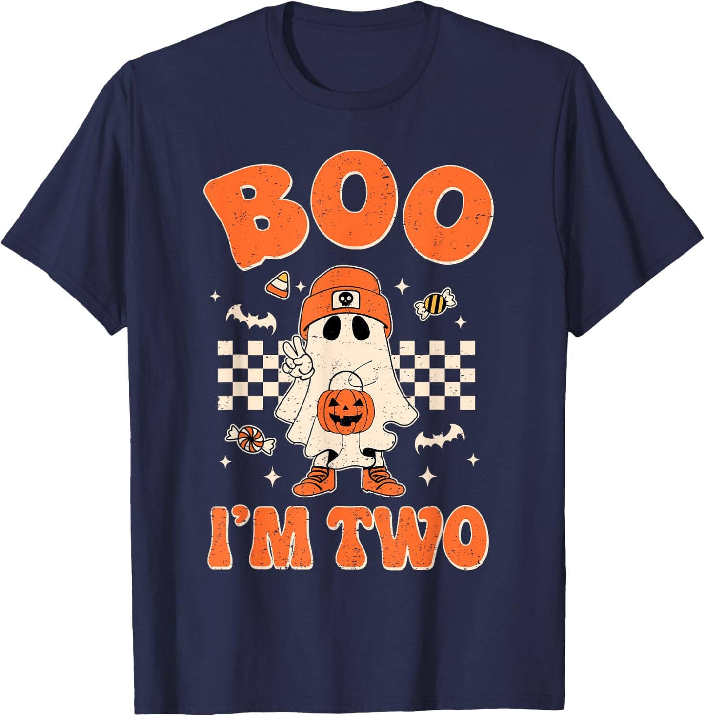 Boo I'm Two Years Old Birthday Kid Boy Retro Ghost Halloween T-Shirt - T-Shirt | Navy
