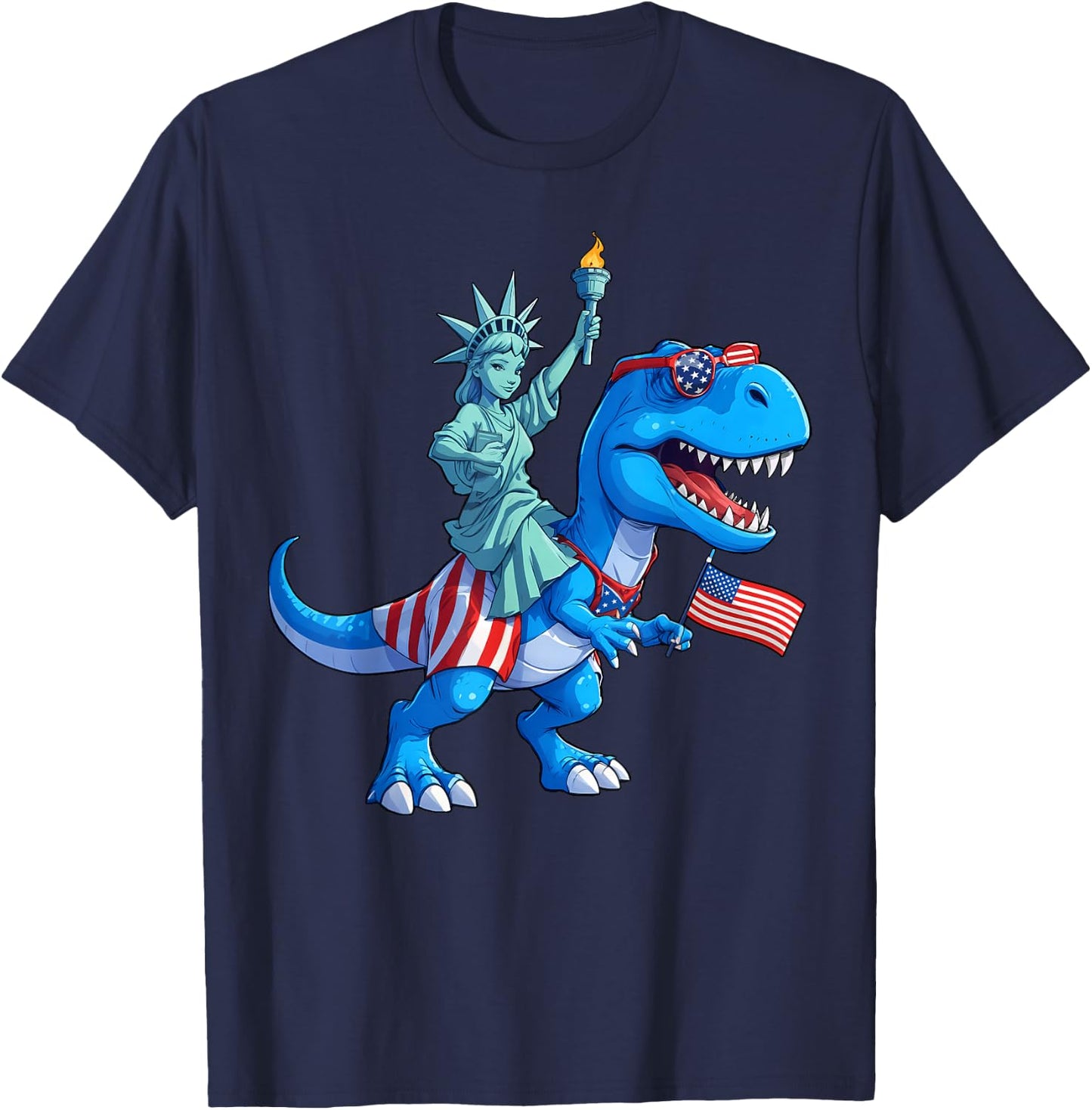 Dino Statue Of Liberty 4th Of July TRex American Flag Boys T-Shirt - T-Shirt | Navy
