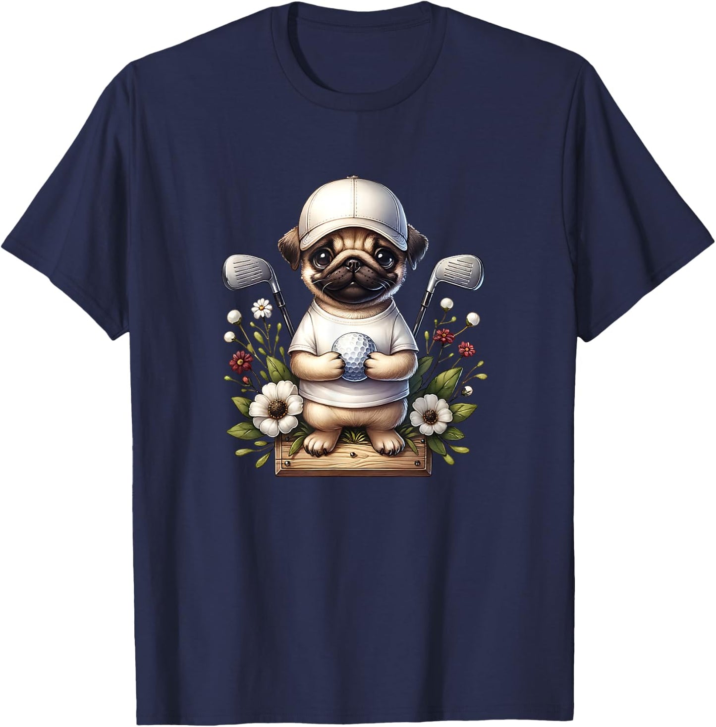 Funny Pug Golfer With Golf Ball And Clubs T-Shirt - T-Shirt | Navy