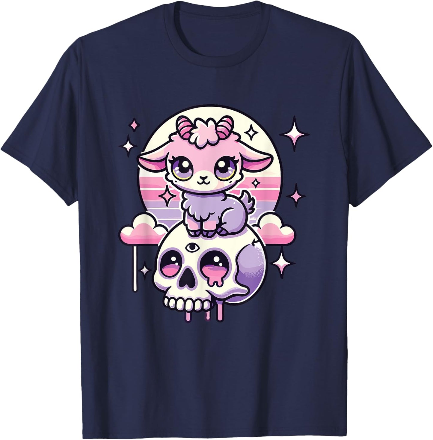 Kawaii Pastel Goth Cute Creepy Goat Bat Skeleton T-Shirt - T-Shirt | Navy