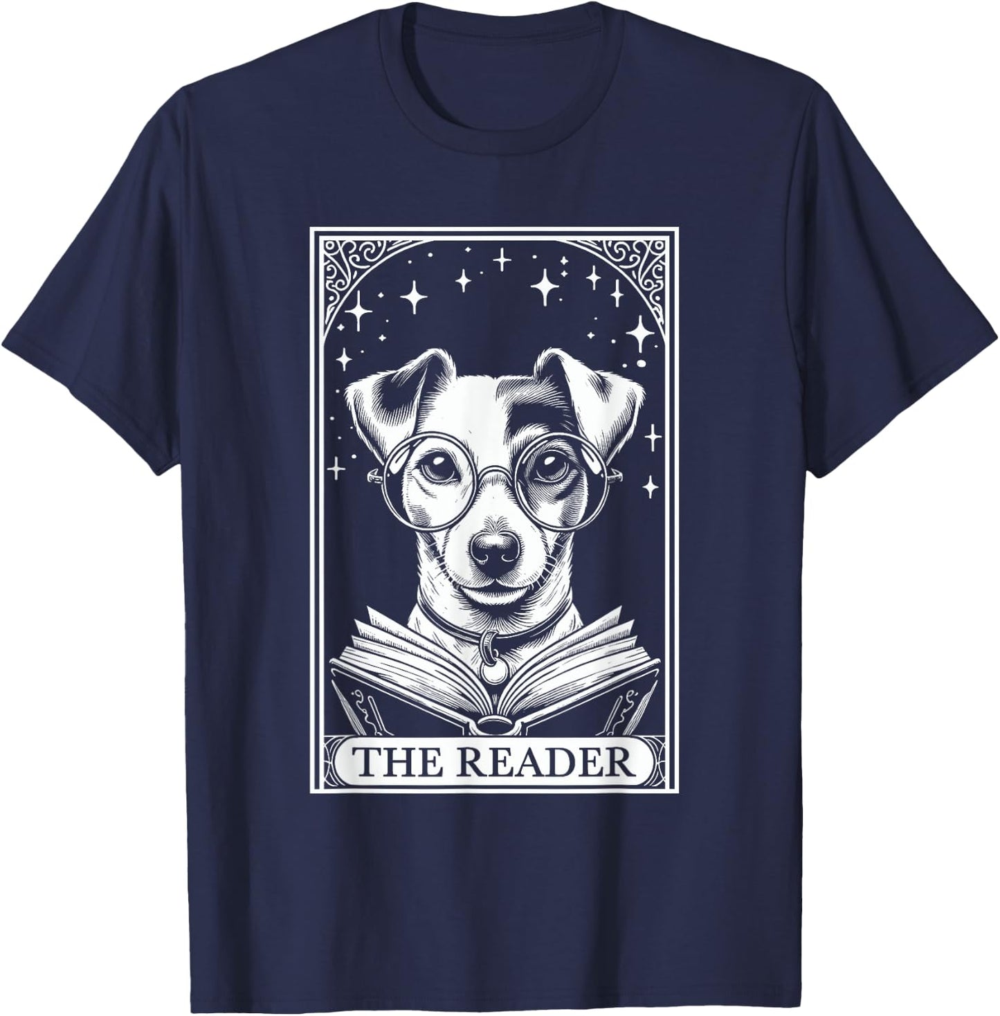 Retro Funny Jack Russell Dog Mom Reading Bookworm Tarot Card Jack Russell Terrier Book Lover - -Adults, -Kids - Black - Short Sleeve - Small T-Shirt - T-Shirt | Navy