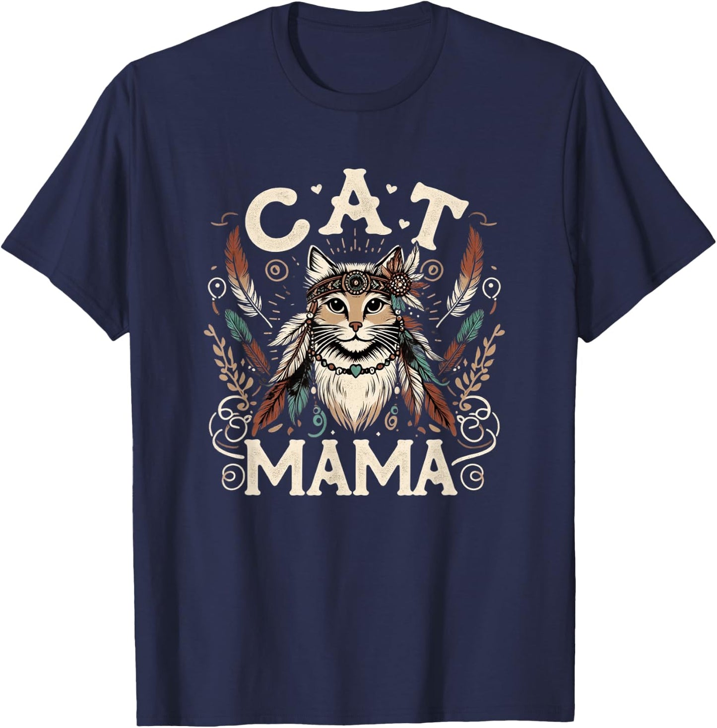 Cat Mama Cute Boho Cat Mother's Day Hippie Cat Mom T-Shirt - T-Shirt | Navy