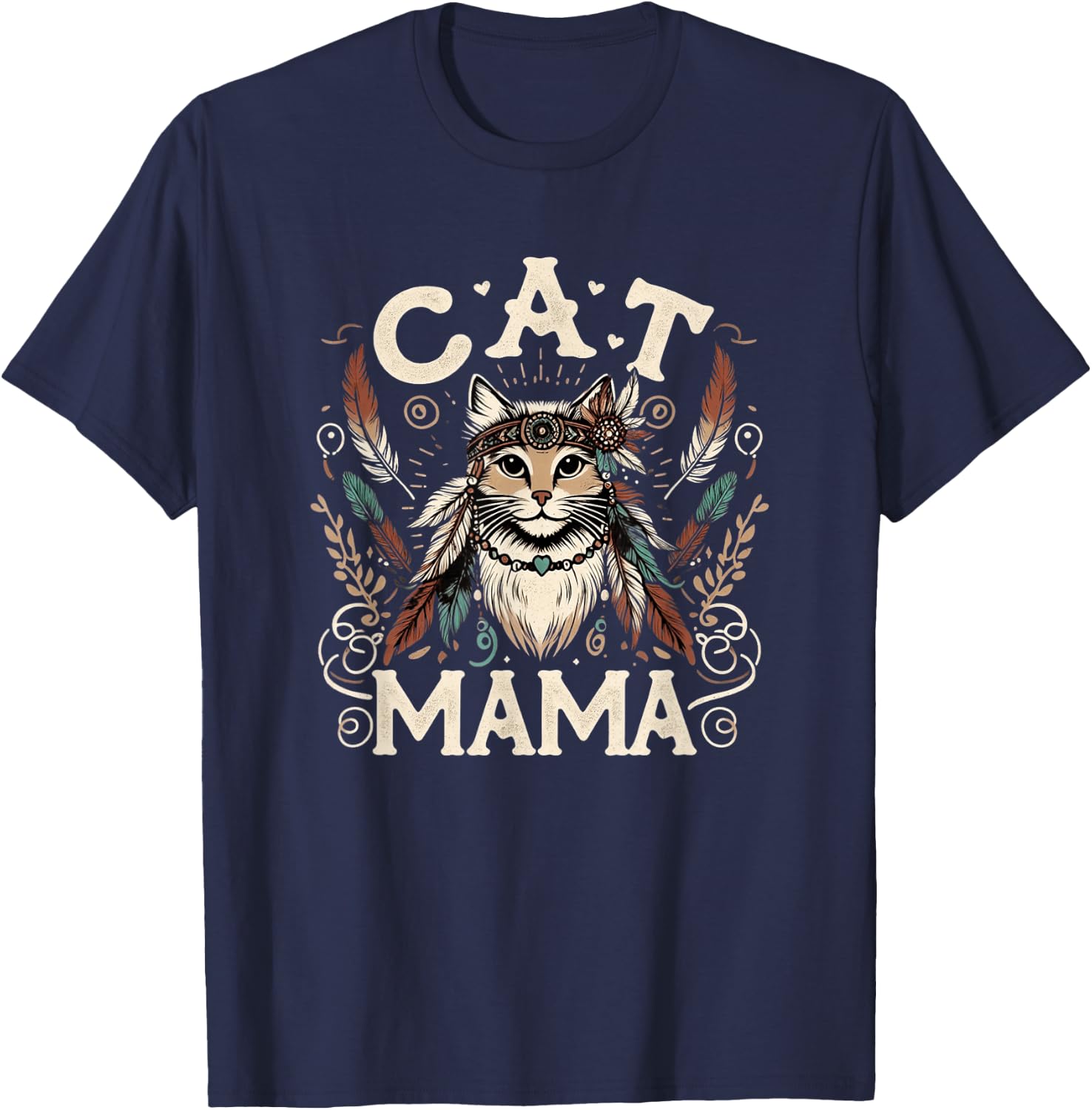 Cat Mama Cute Boho Cat Mother's Day Hippie Cat Mom T-Shirt - T-Shirt | Navy