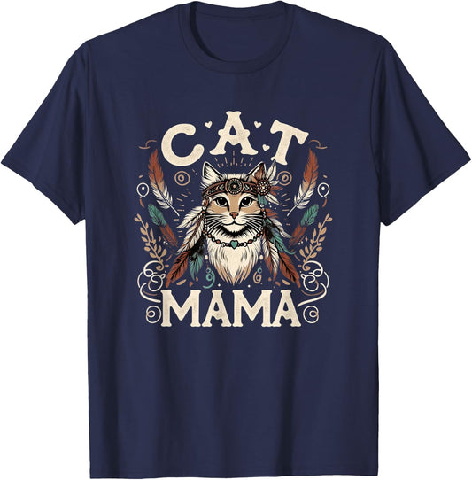 Cat Mama Cute Boho Cat Mother's Day Hippie Cat Mom T-Shirt - T-Shirt | Navy