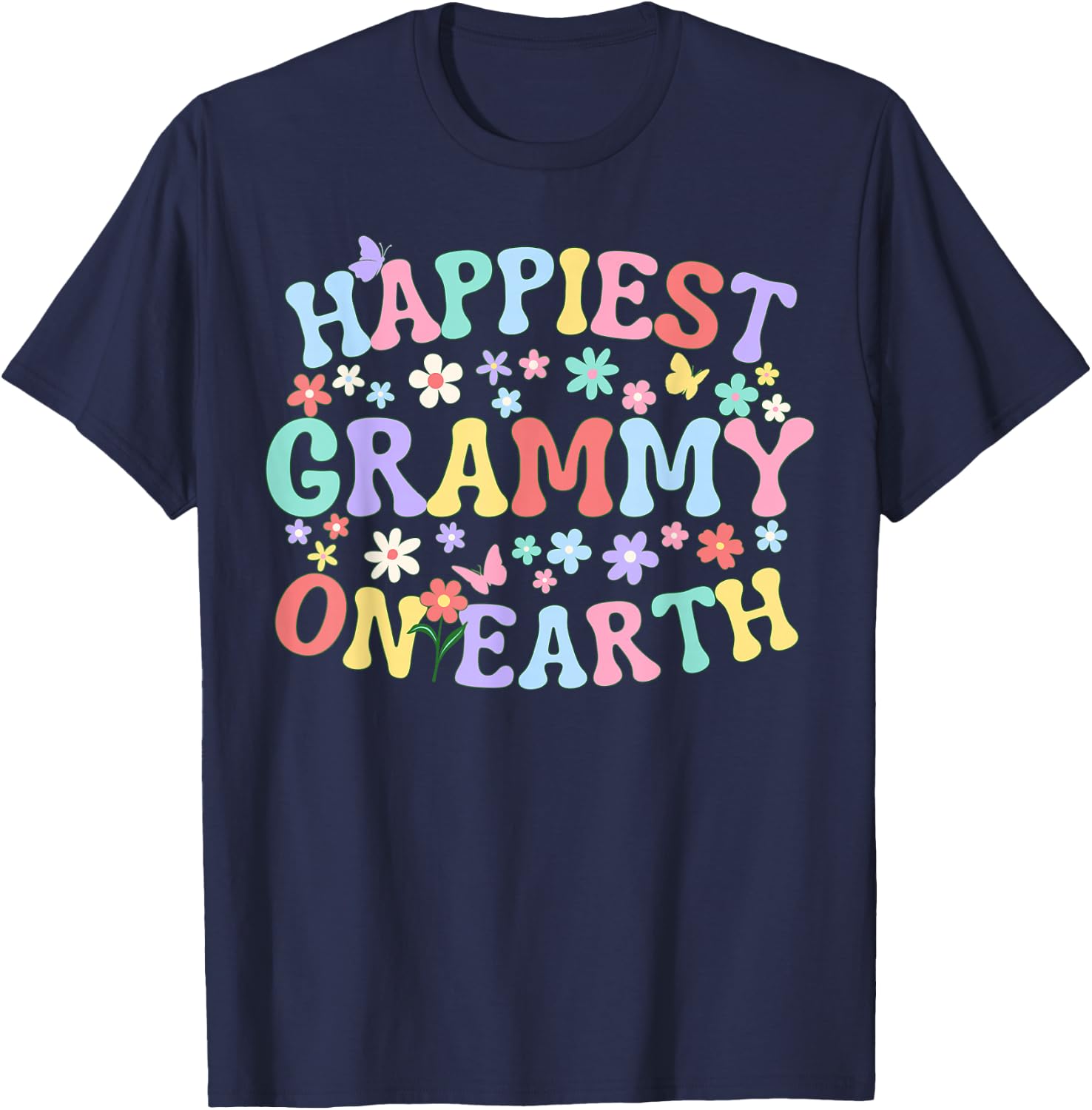 Happiest Grammy On Earth Family Trip Squad Groovy Grandma T-Shirt - T-Shirt | Navy