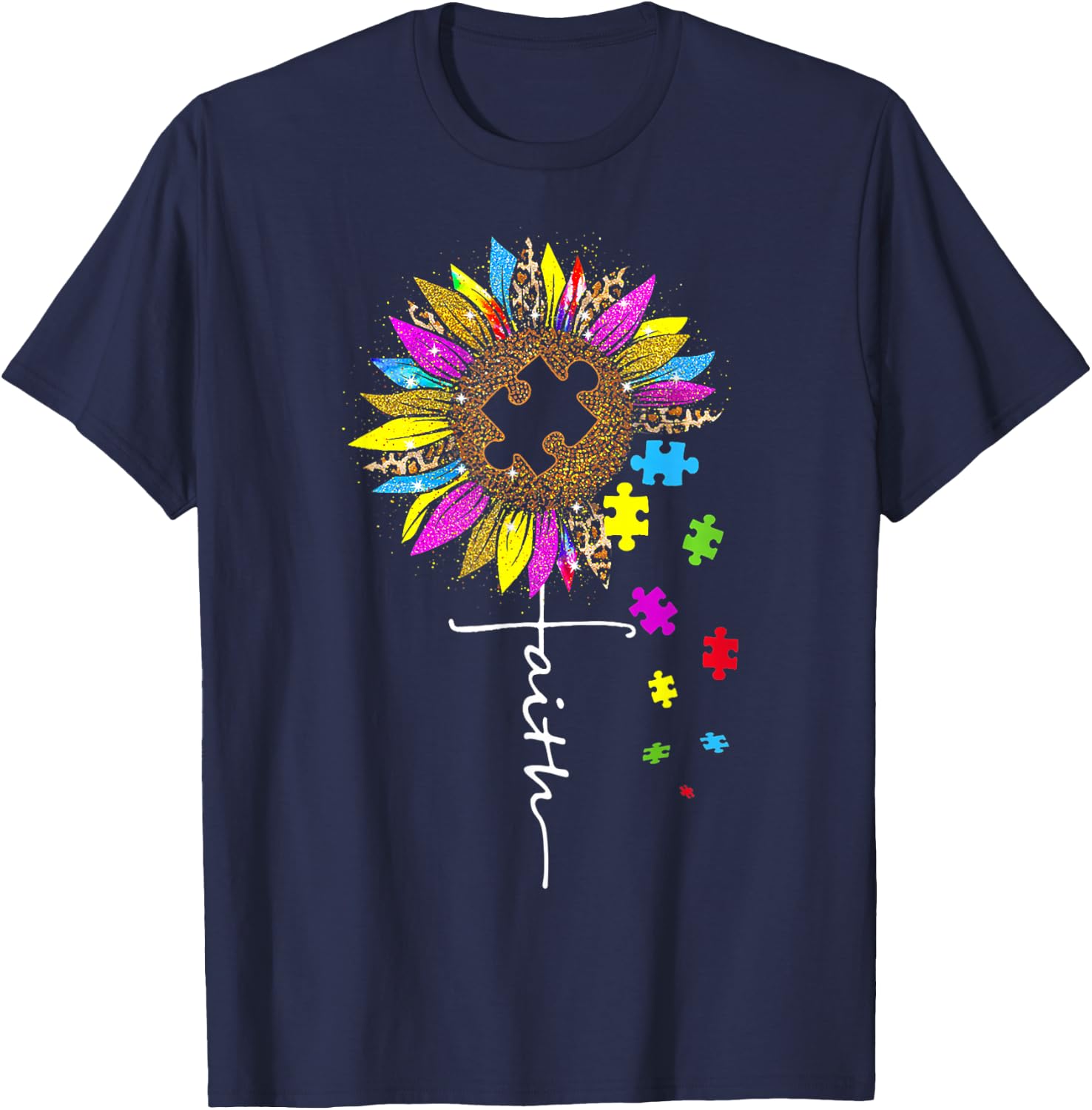 Faith Cross Sunflower Autism Mom Leopard Puzzle Pieces T-Shirt - T-Shirt | Navy