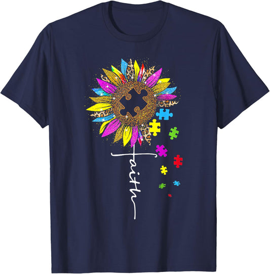 Faith Cross Sunflower Autism Mom Leopard Puzzle Pieces T-Shirt - T-Shirt | Navy