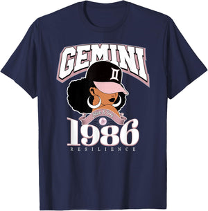 Gemini 1986 Afro Queen Zodiac Birthday Gifts T-Shirt - T-Shirt | Navy
