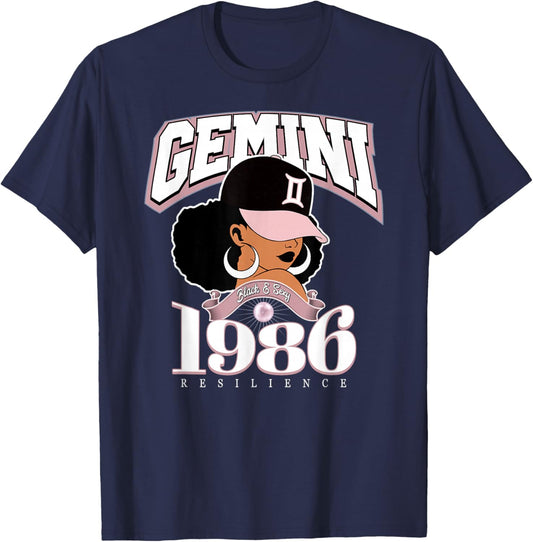 Gemini 1986 Afro Queen Zodiac Birthday Gifts T-Shirt - T-Shirt | Navy
