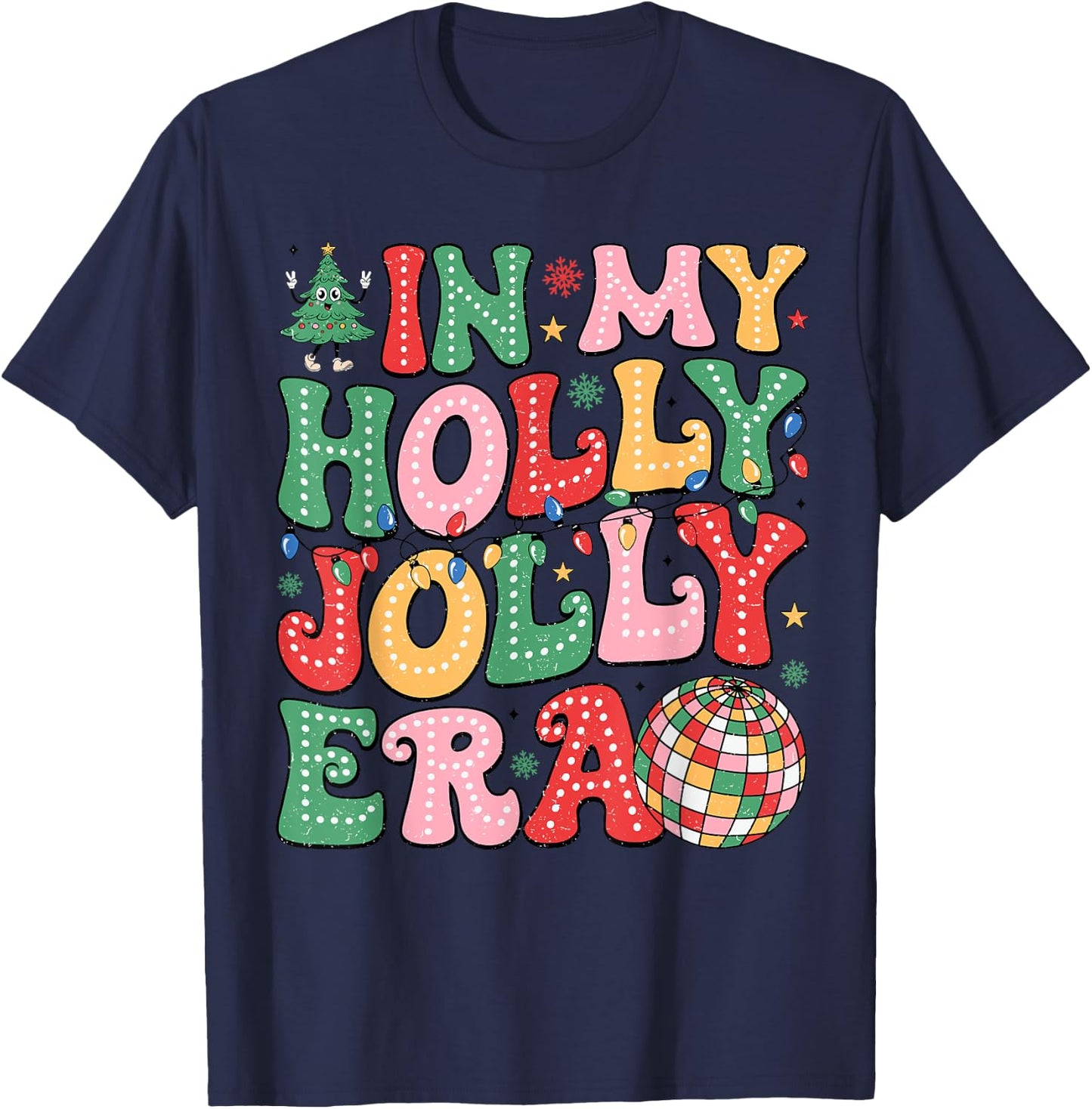 Vintage In My Holly Xmas Jolly Era Christmas Doodle Dots T-Shirt - T-Shirt | Navy