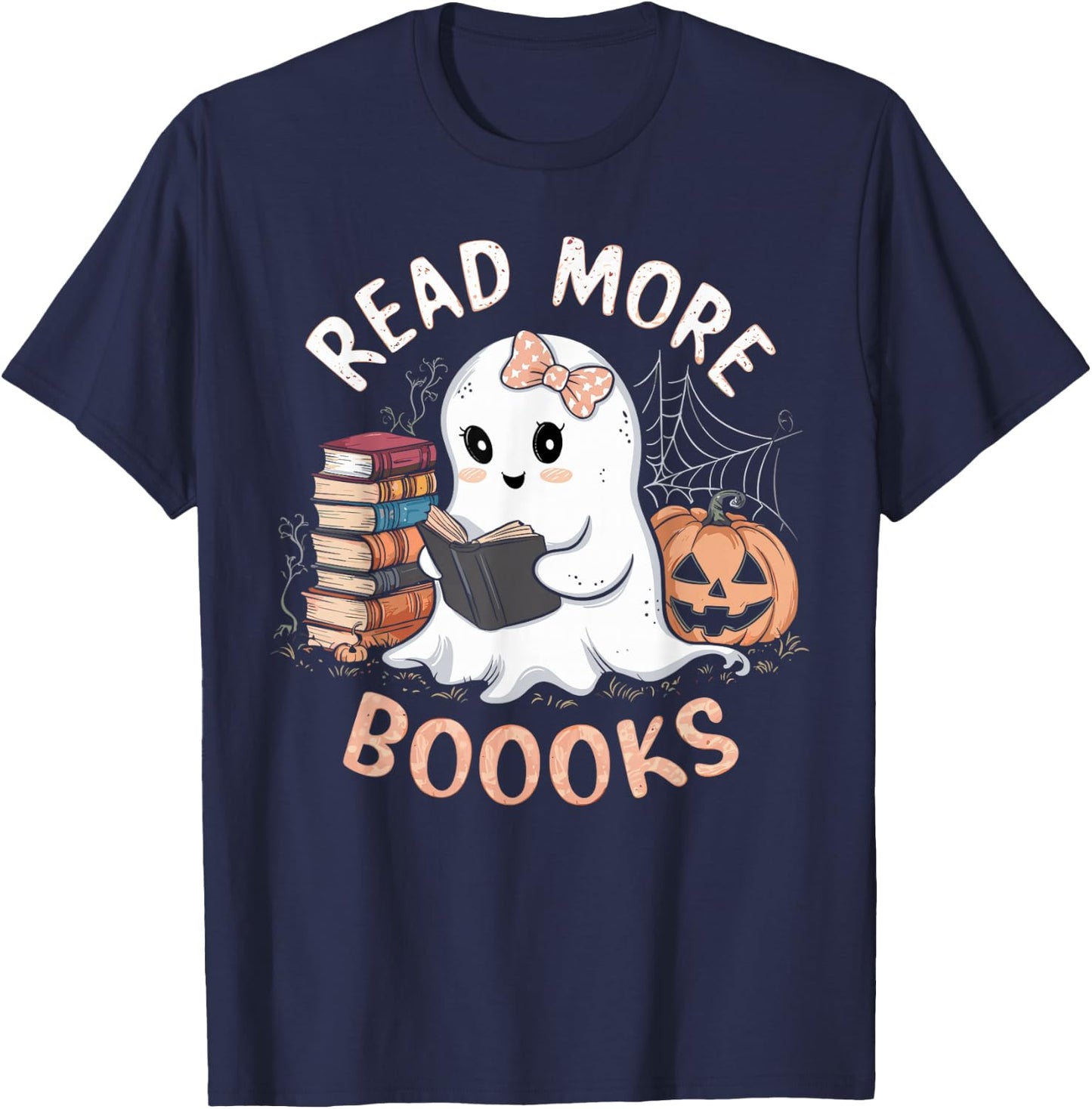 Cute Books Ghost Read More Booooks Funny Teacher Halloween T-Shirt - T-Shirt | Navy