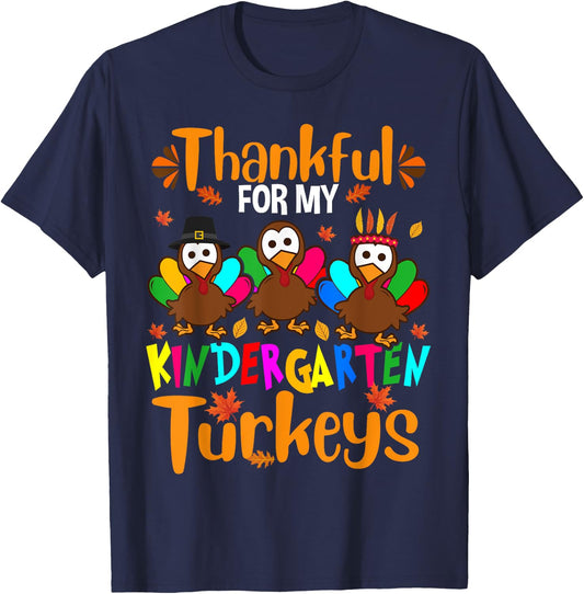 Thankful For My Kindergarten Turkeys Thanksgiving Teacher T-Shirt - T-Shirt | Navy