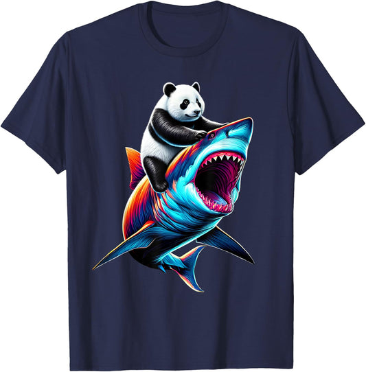 Funny Panda Riding Shark Panda Lover T-Shirt - T-Shirt | Navy