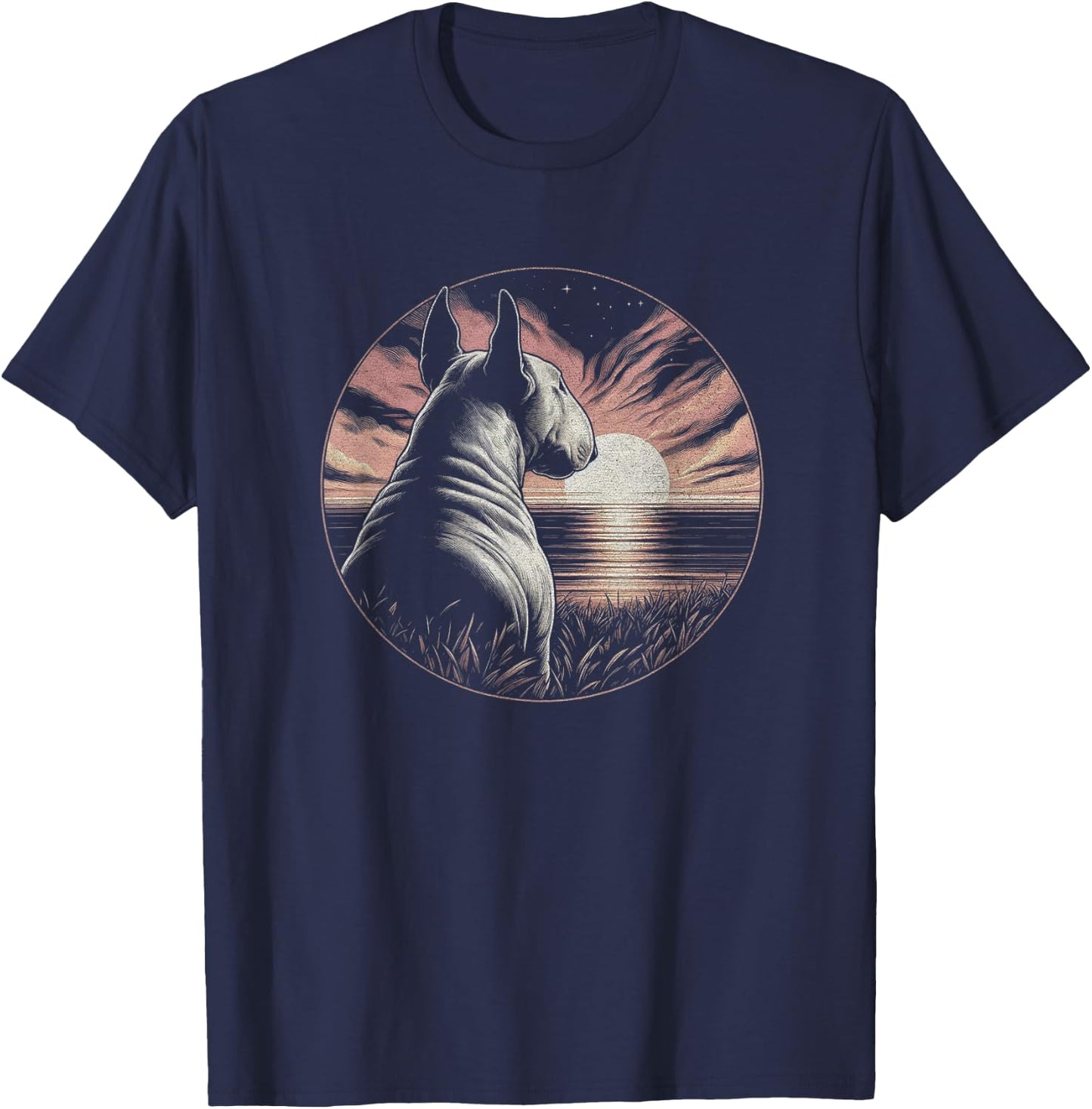 Vintage Bull Terrier Dog Retro Sunset Scene Art Design T-Shirt - T-Shirt | Navy