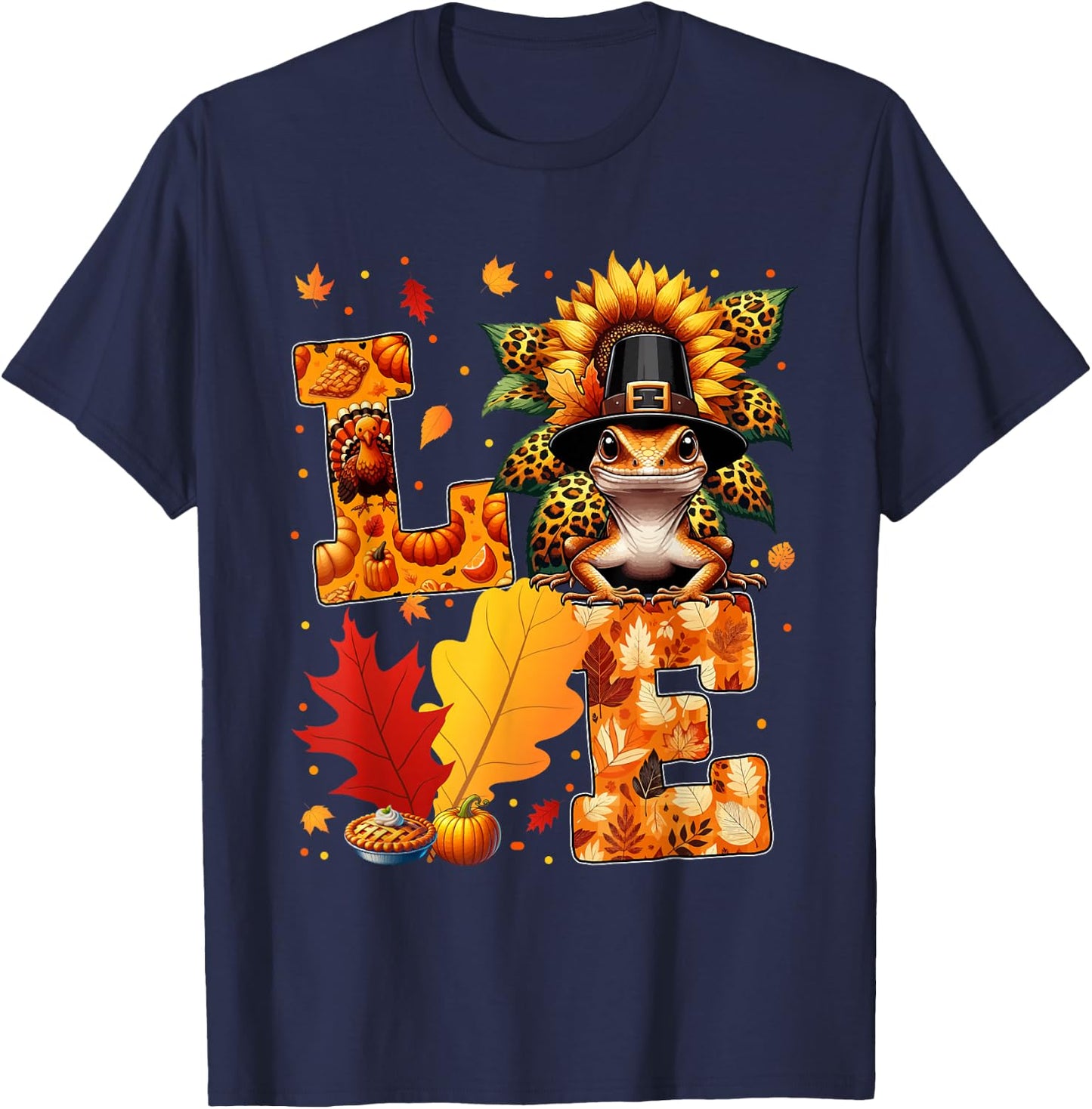 LOVE Thanksgiving Gecko Costume Fall Leaves Sunflower T-Shirt - T-Shirt | Navy