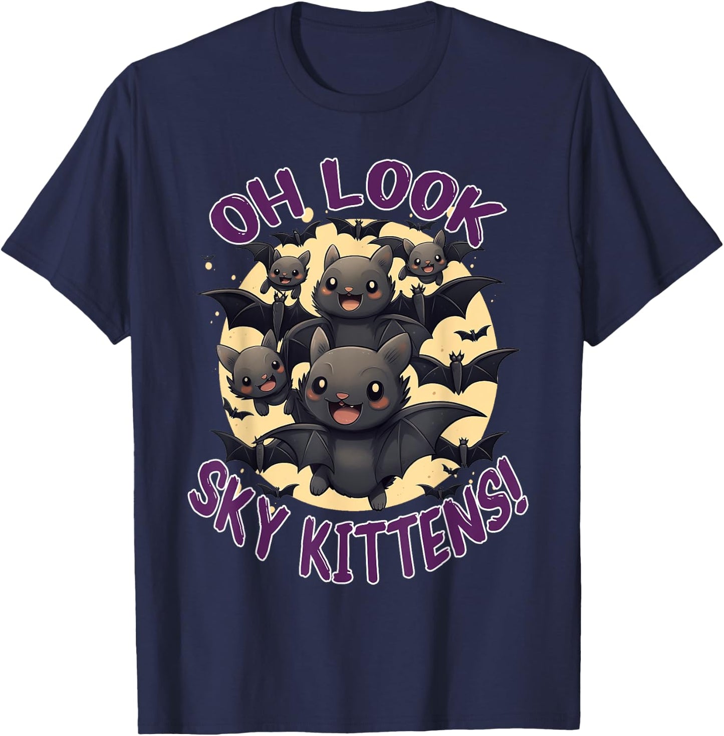 Funny Bat Sky Kittens Halloween T-Shirt - T-Shirt | Navy