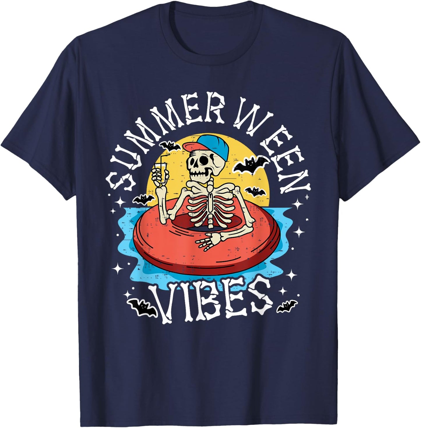Summerween Vibes Skeleton Float Summer Halloween Men Women Kids T-Shirt - T-Shirt | Navy