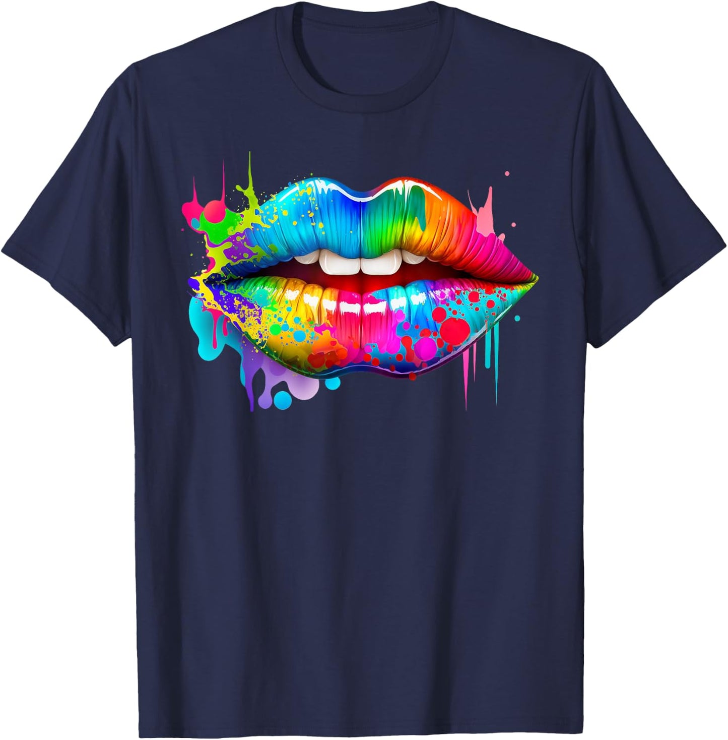 Colorful Lips Trendy Kiss Mouth Women Bright Mouth Dripping T-Shirt - T-Shirt | Navy