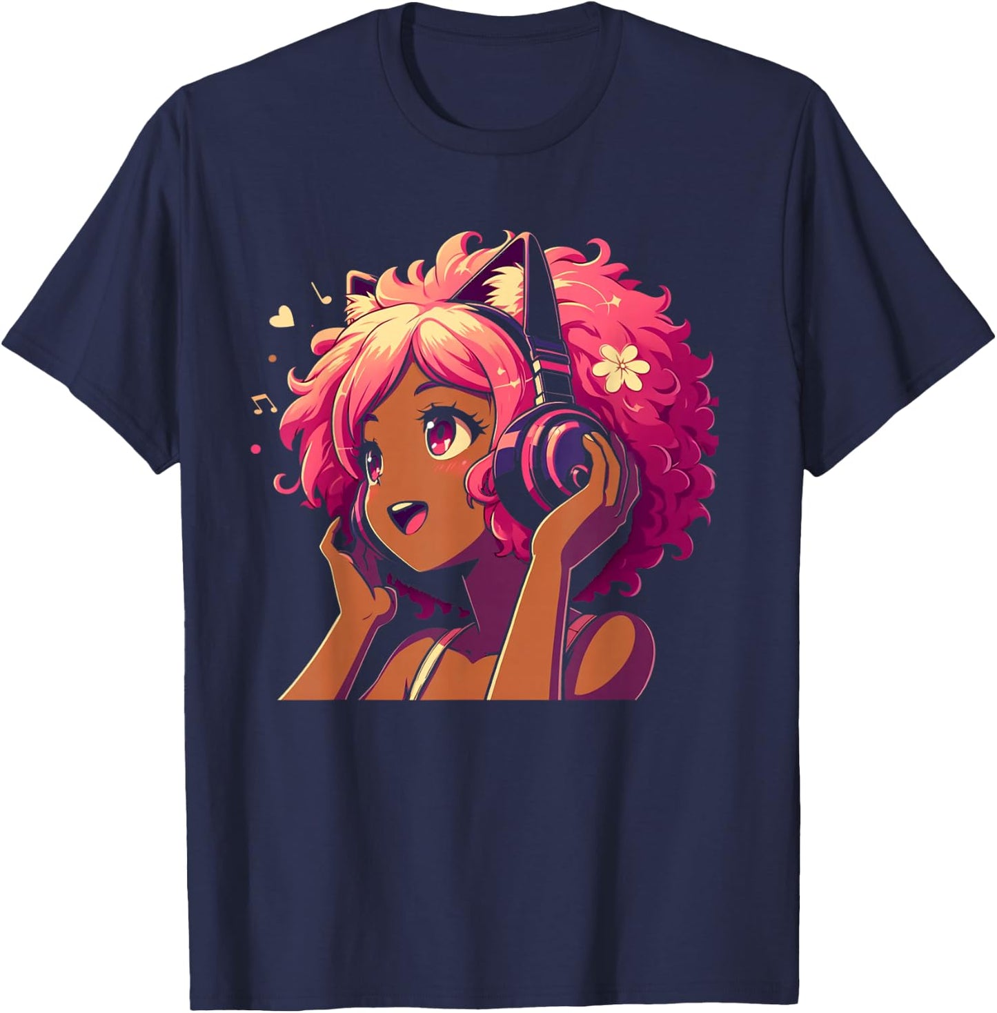 Anime and Music Black Girl Anime Merch Afro African American T-Shirt - T-Shirt | Navy