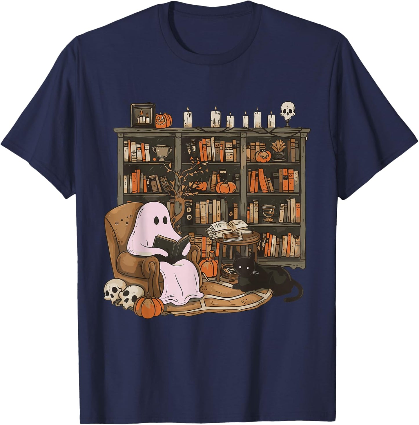 Ghost Reading Book Cat lover Halloween Reading enthusiast T-Shirt - T-Shirt | Navy