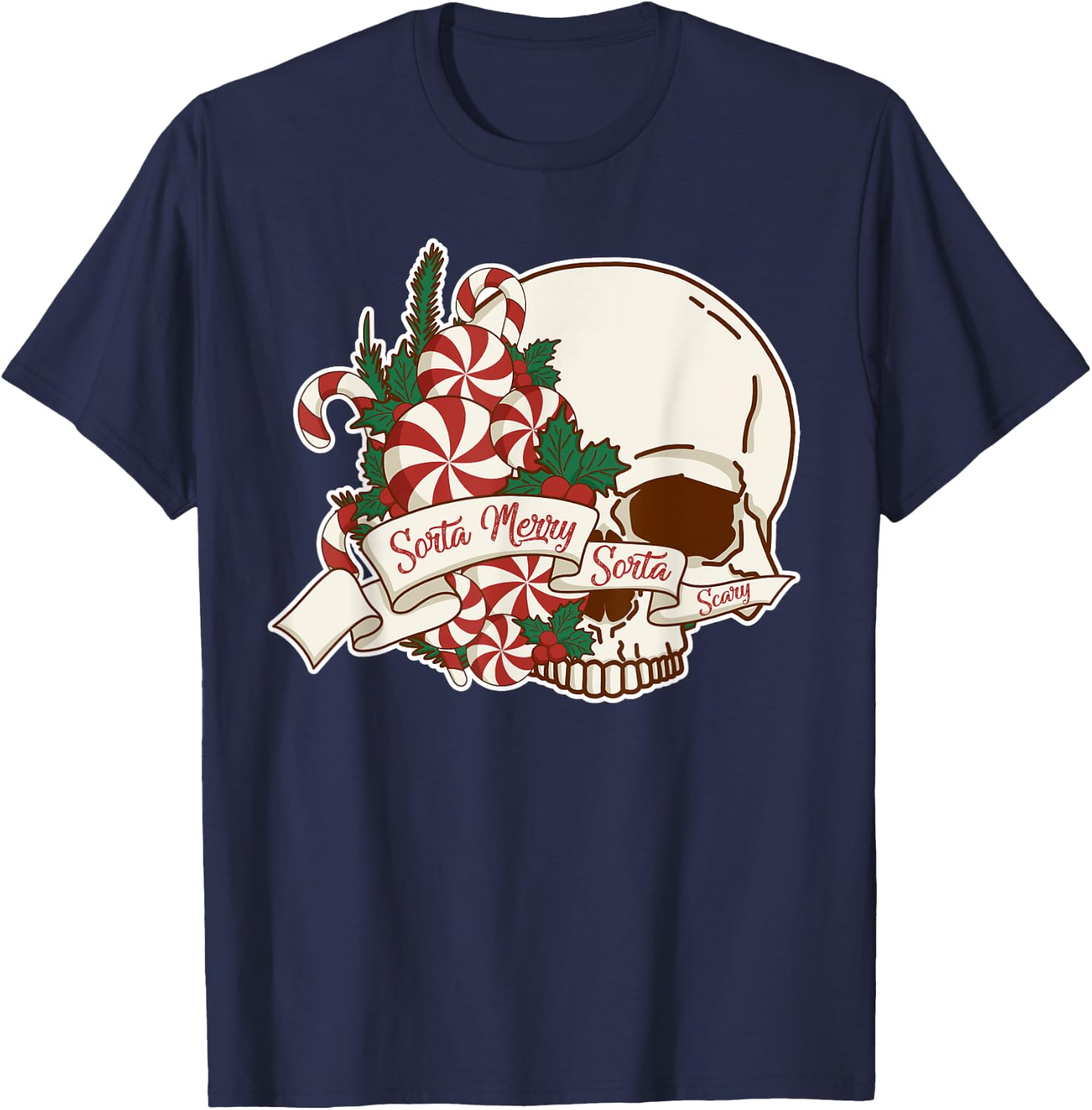 Sorta Merry Sorta Scary Skull Christmas Peppermint Candy T-Shirt - T-Shirt | Navy