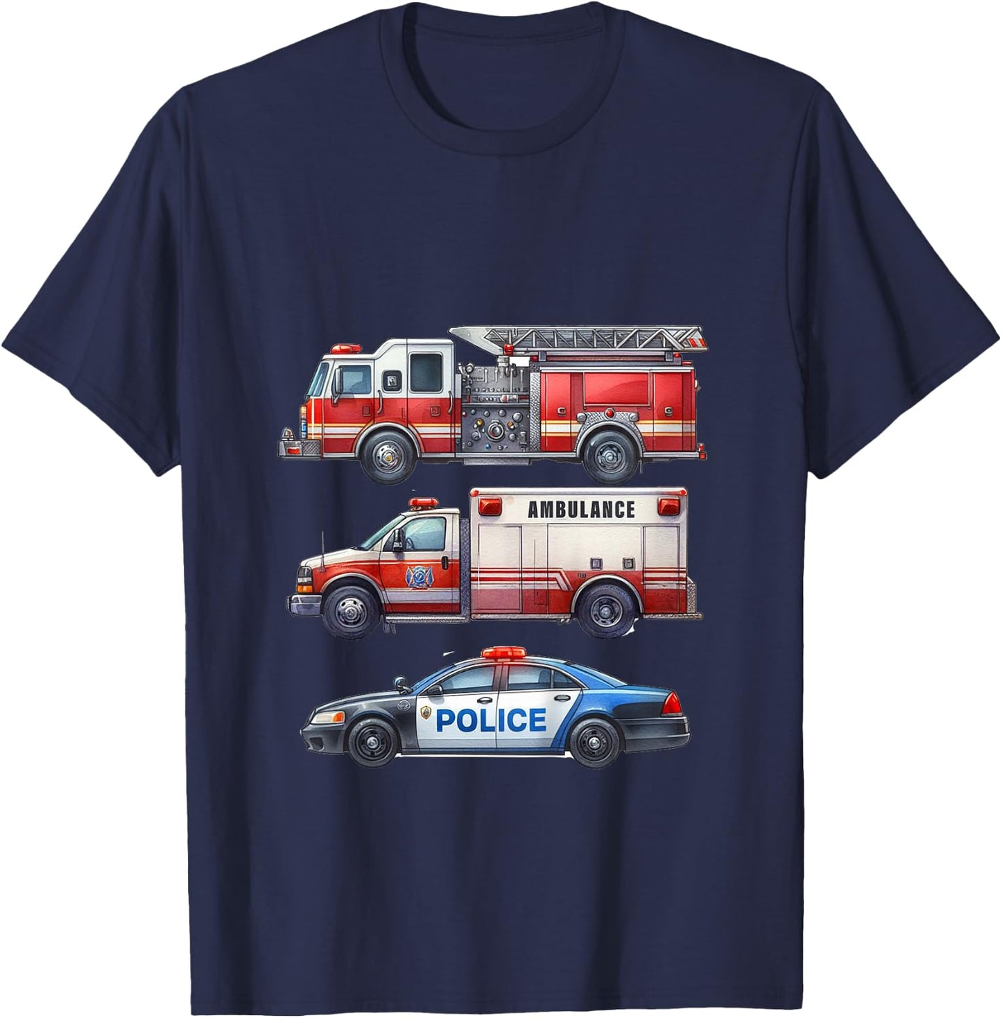 Kids Emergency Rescue Vehicle Boy Fire Truck Police Car Ambulance T-Shirt - T-Shirt | Navy