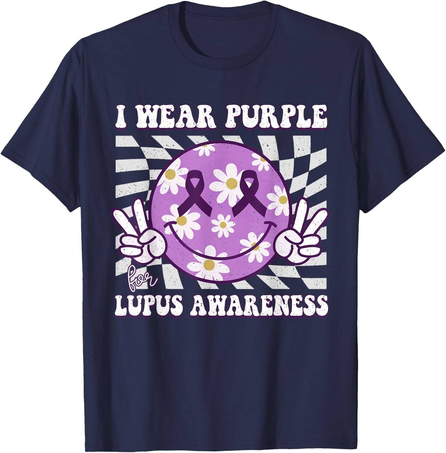 Retro Lupus Awareness Smile Hippie Checkered Purple Ribbon T-Shirt - T-Shirt | Navy