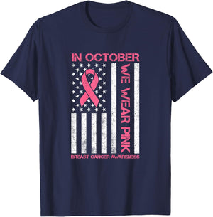 In October we Wear Pink Us Flag Breast Cancer Awareness T-Shirt - T-Shirt | Navy