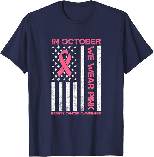 In October we Wear Pink Us Flag Breast Cancer Awareness T-Shirt - T-Shirt | Navy