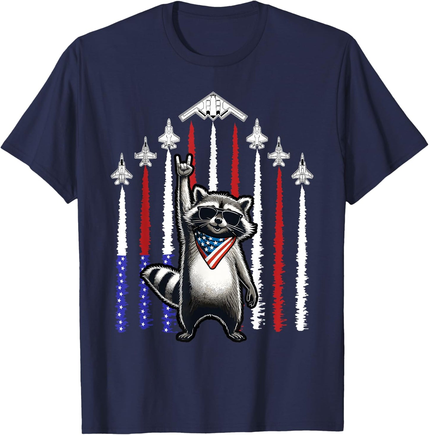 4th of July USA Flag Fighter Jets Raccoon Funny Patriotic T-Shirt - T-Shirt | Navy